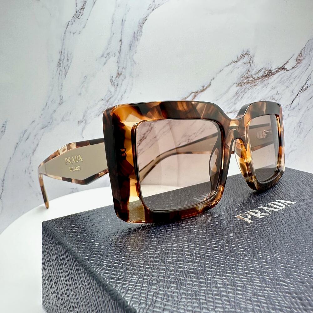 New PRADA Sunglasses Brown Beige Caramel Tortoise Gold Symbole Womens Rectangle - Picture 5 of 16